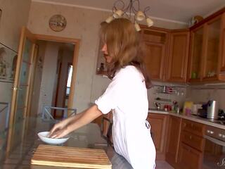 Skinny Cooking cutie Darien Pours Batter On Herself In The Kitchen!