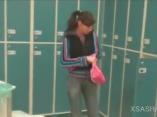 Lesbo libidinous Brunette Masturbates Cunt In The Locker Room