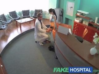 FakeHospital captivating patient bent over the receptionists desk and fucked from behind