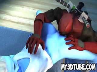 Blue skinned 3D cutie gets licked and fucked by Deadpool