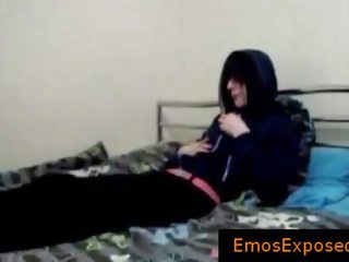 Te-nage gay emo wanking his prick on bed